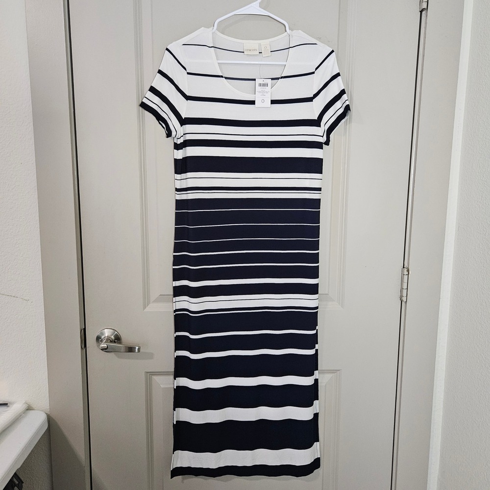 Chicos Striped Knit Midi Dress Navy White Short Sleeve Scoop Neck Size 0 NEW